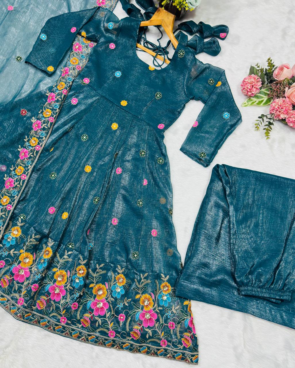 Blue soft crunchy silk with embroidery & sequins work anarkali suit set