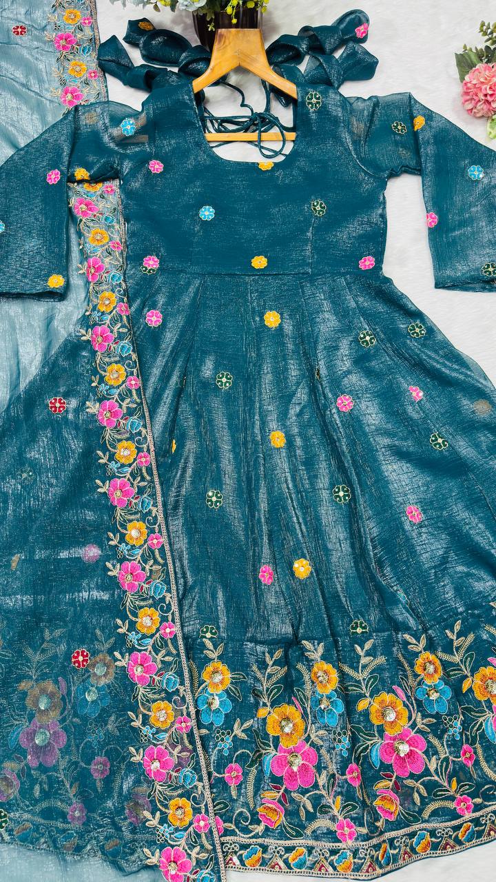 Blue soft crunchy silk with embroidery & sequins work anarkali suit set