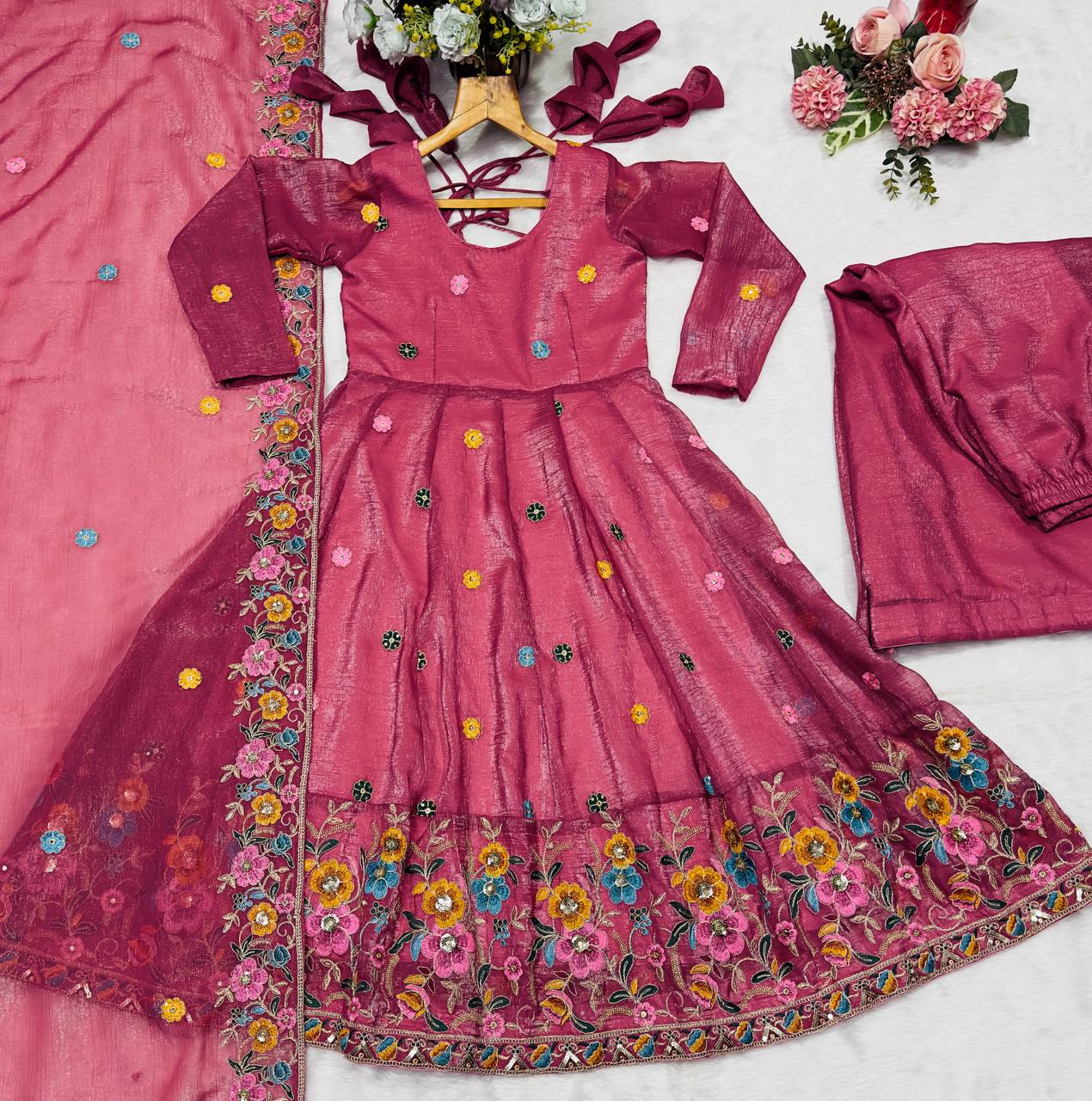 Pink soft crunchy silk with embroidery & sequins work anarkali suit set