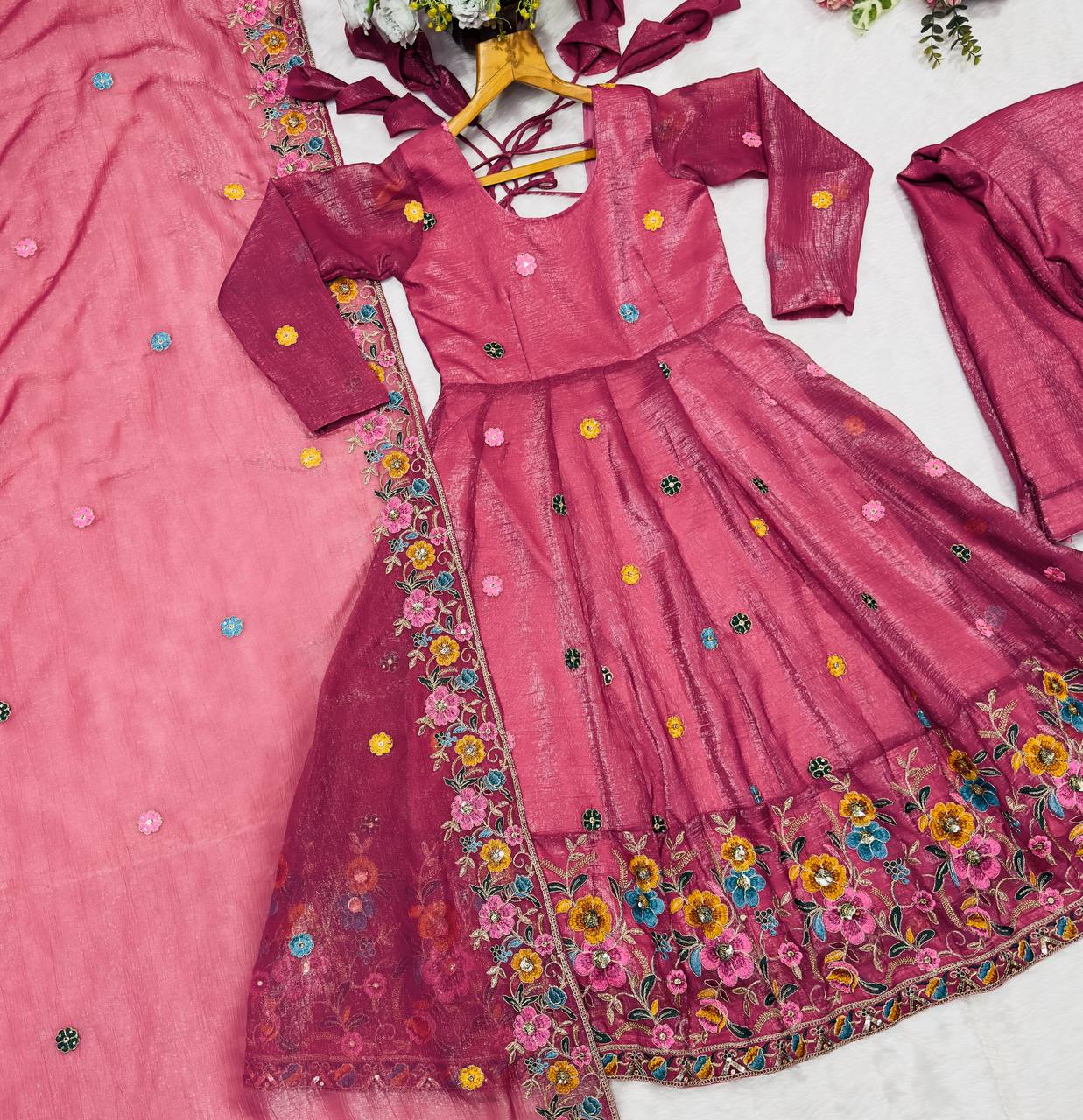 Pink soft crunchy silk with embroidery & sequins work anarkali suit set