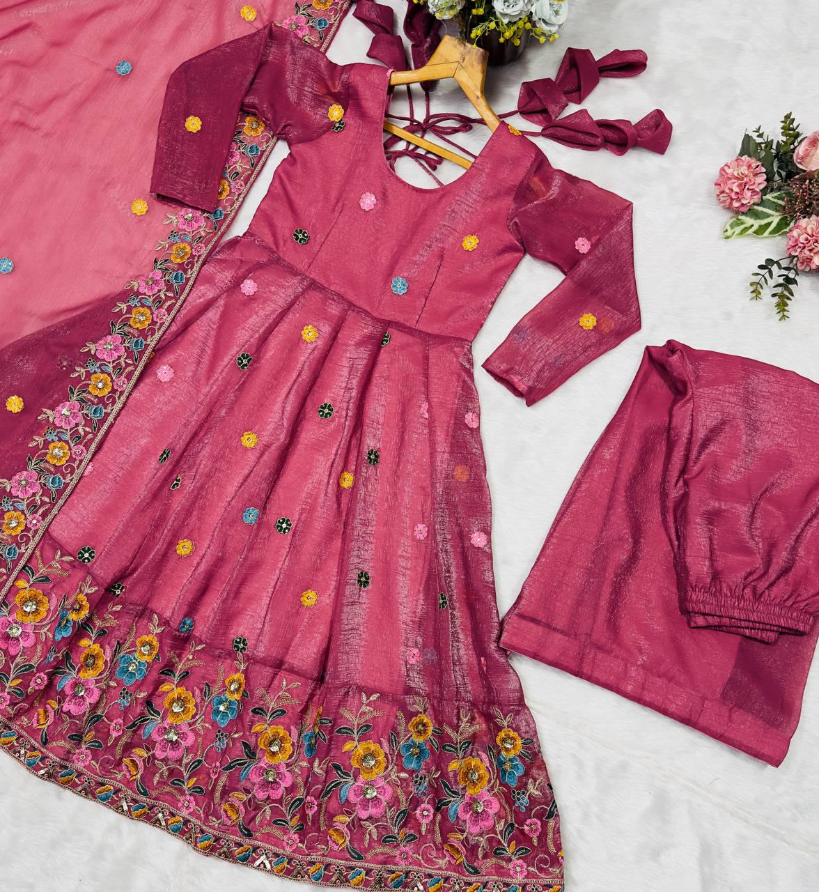 Pink soft crunchy silk with embroidery & sequins work anarkali suit set