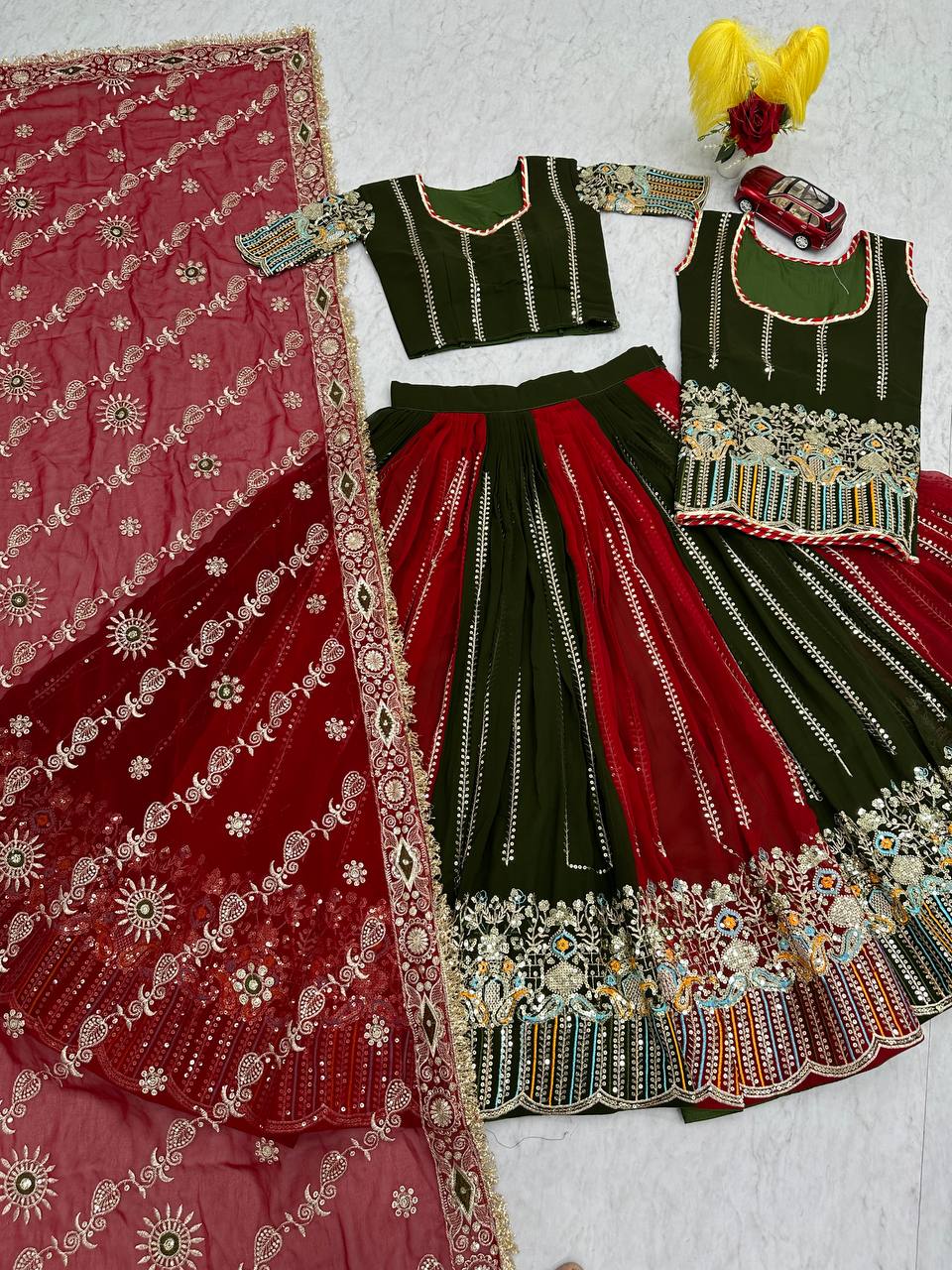 Multicolour fox georgette embroidery sequence work lehenga choli set