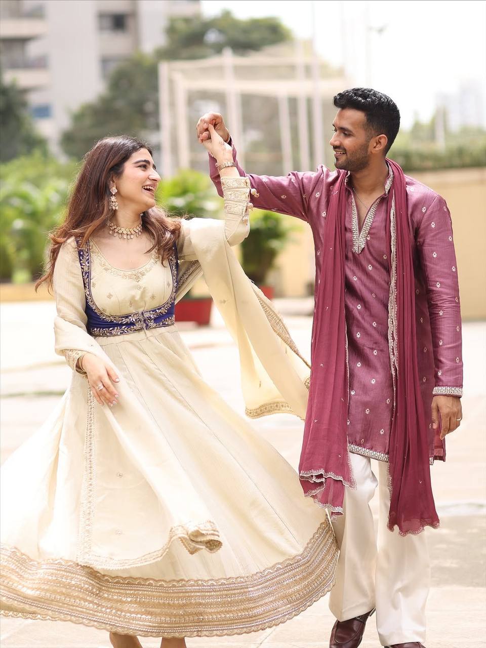 Beige chinon silk thread with sequence Anarkali, pent, koti and dupatta set