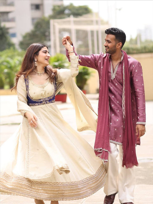 Beige chinon silk thread with sequence Anarkali, pent, koti and dupatta set