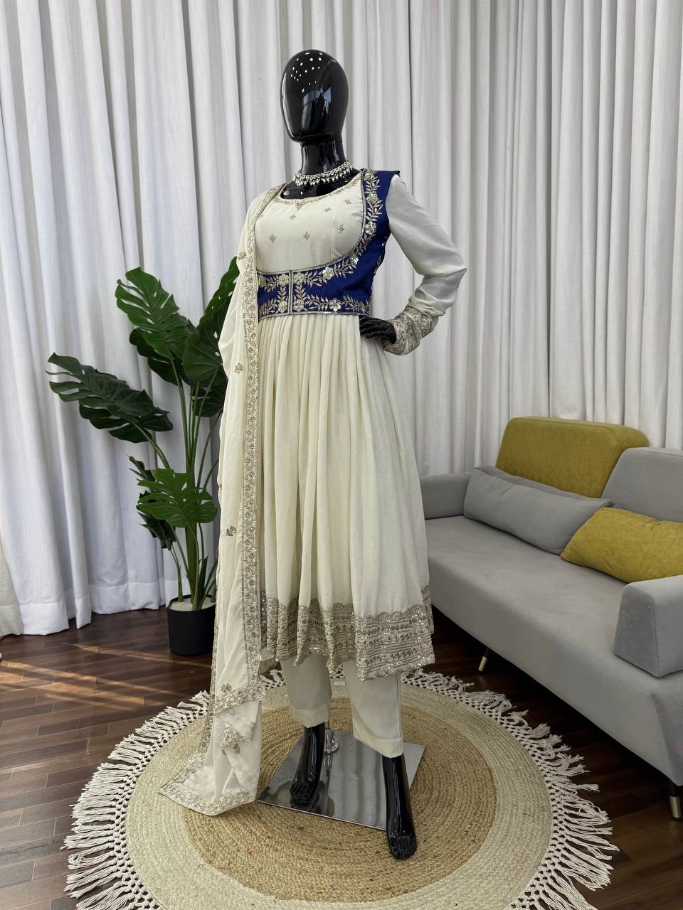 Beige chinon silk thread with sequence Anarkali, pent, koti and dupatta set