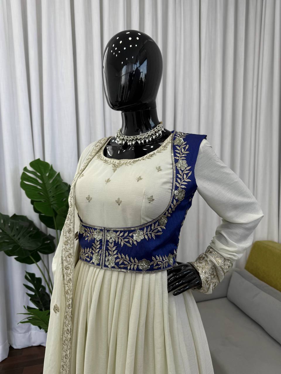 Beige chinon silk thread with sequence Anarkali, pent, koti and dupatta set