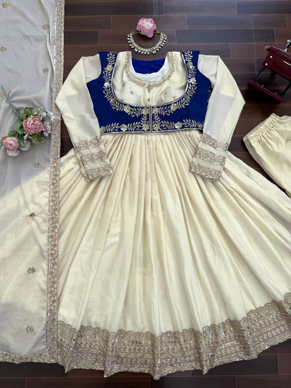 Beige chinon silk thread with sequence Anarkali, pent, koti and dupatta set