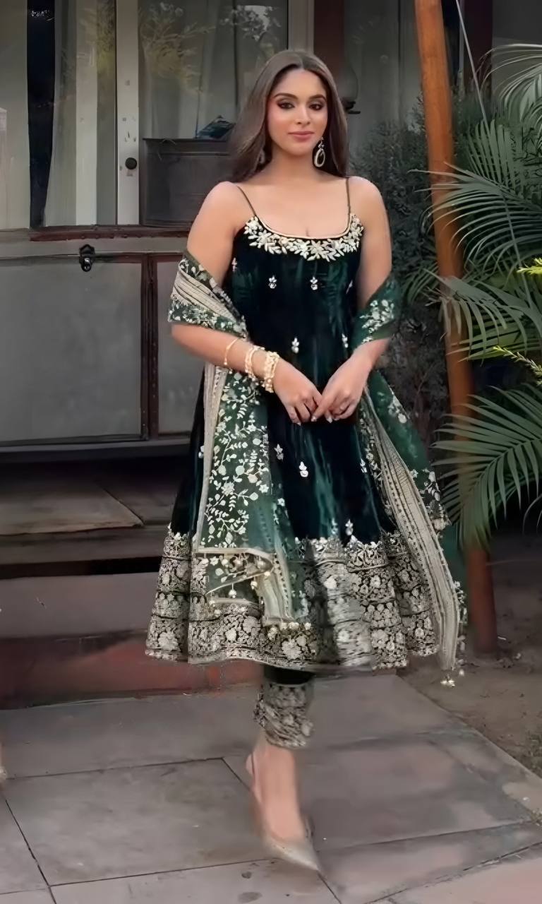 Dark green vichitra silk embroidered sequins & thread work anarkali suit set