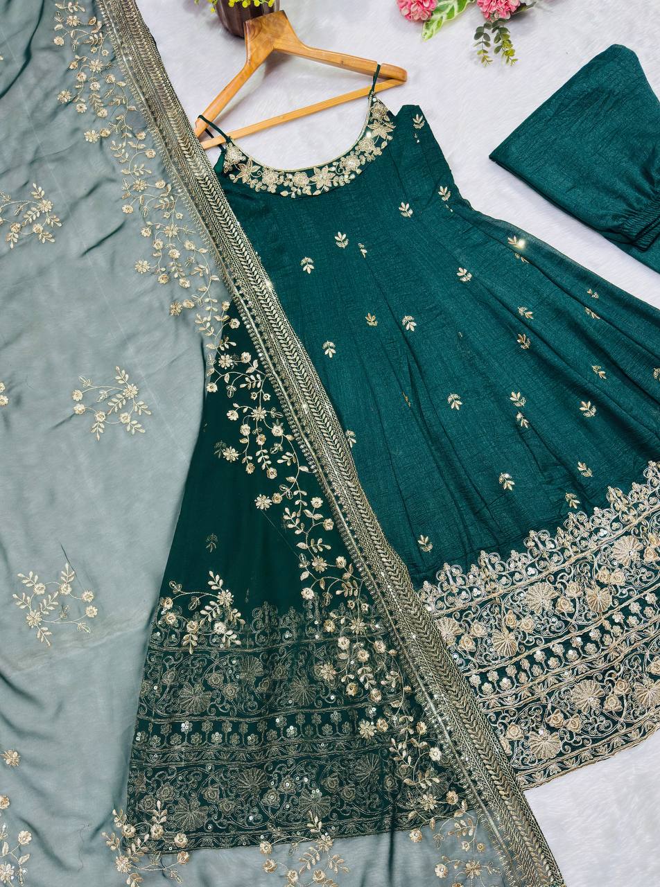 Dark green vichitra silk embroidered sequins & thread work anarkali suit set