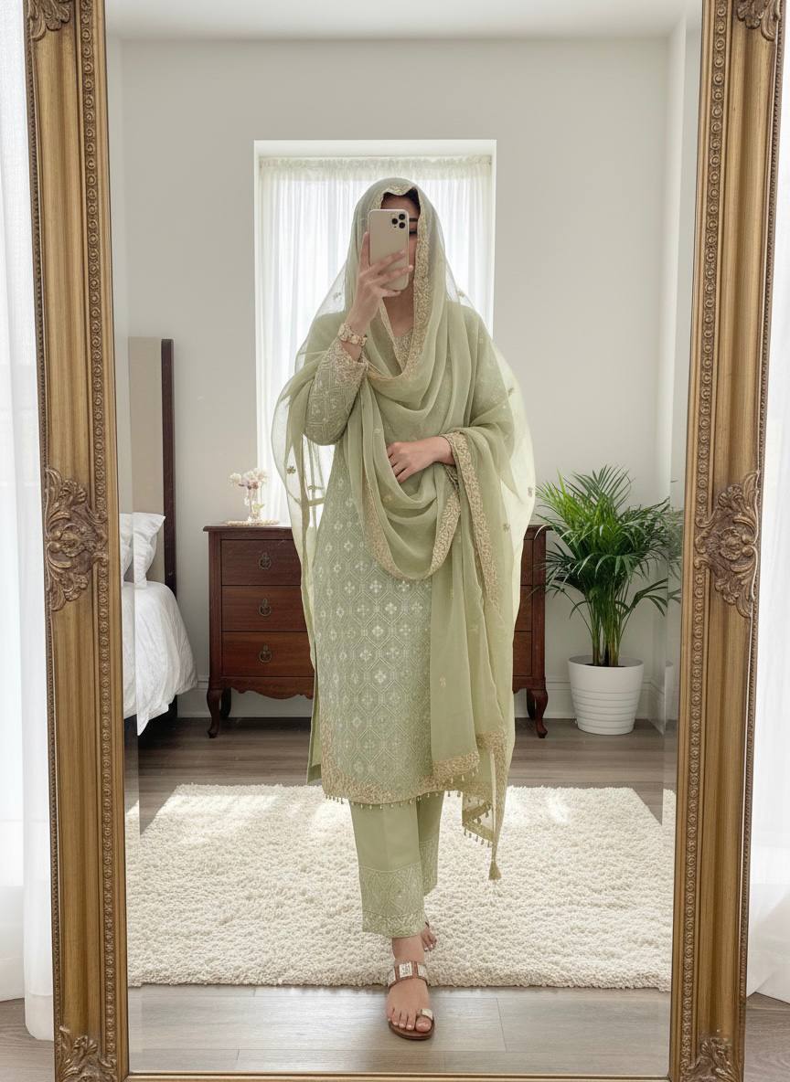 Green pure gmy silk with heavy embroidery sequence work top-bottom and dupatta set