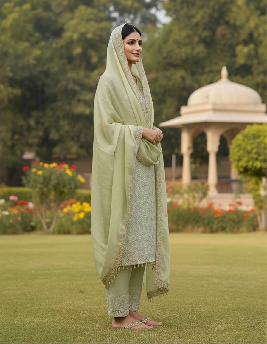 Green pure gmy silk with heavy embroidery sequence work top-bottom and dupatta set