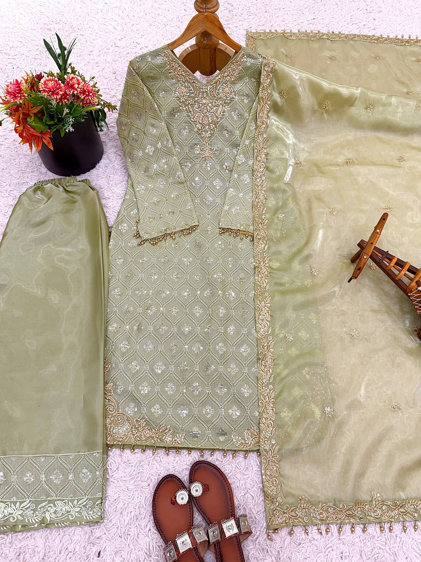 Green pure gmy silk with heavy embroidery sequence work top-bottom and dupatta set