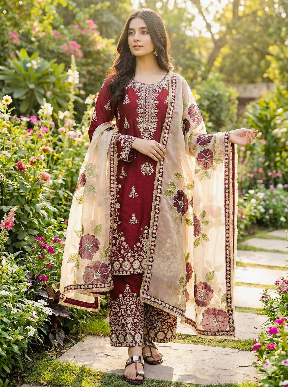 Red pure gmy silk with heavy embroidery sequence work top-palazzo and dupatta set
