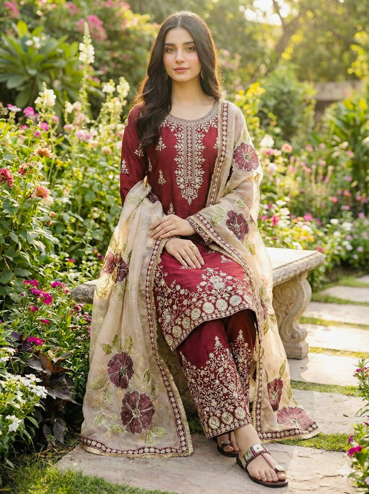 Red pure gmy silk with heavy embroidery sequence work top-palazzo and dupatta set