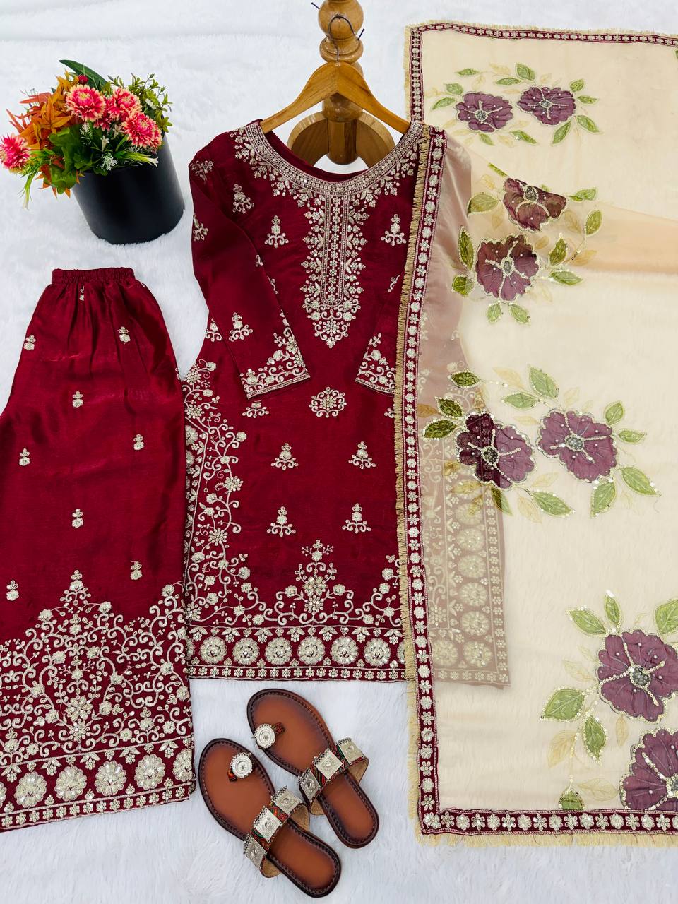 Red pure gmy silk with heavy embroidery sequence work top-palazzo and dupatta set