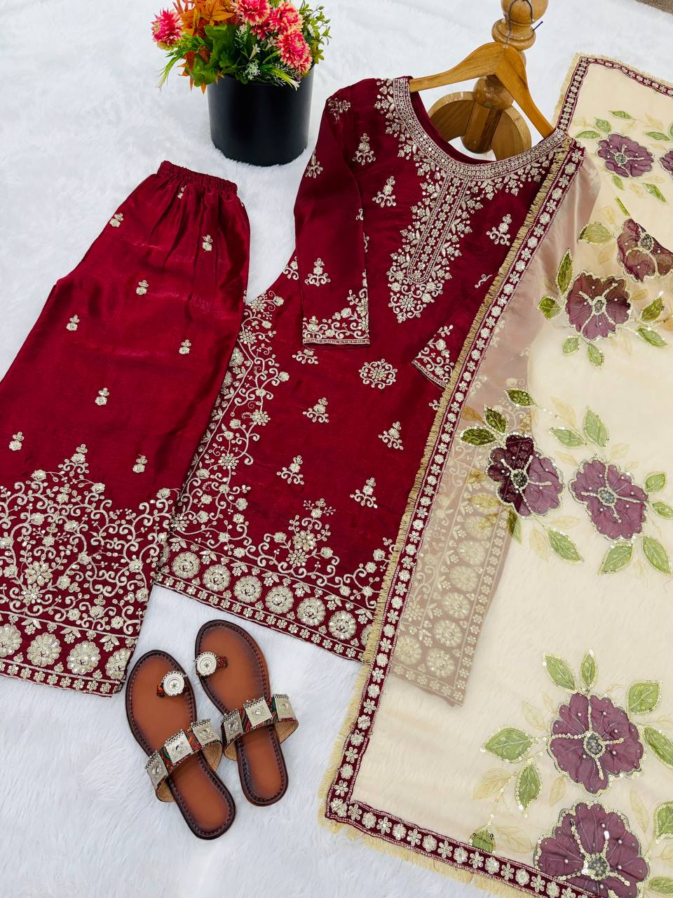 Red pure gmy silk with heavy embroidery sequence work top-palazzo and dupatta set