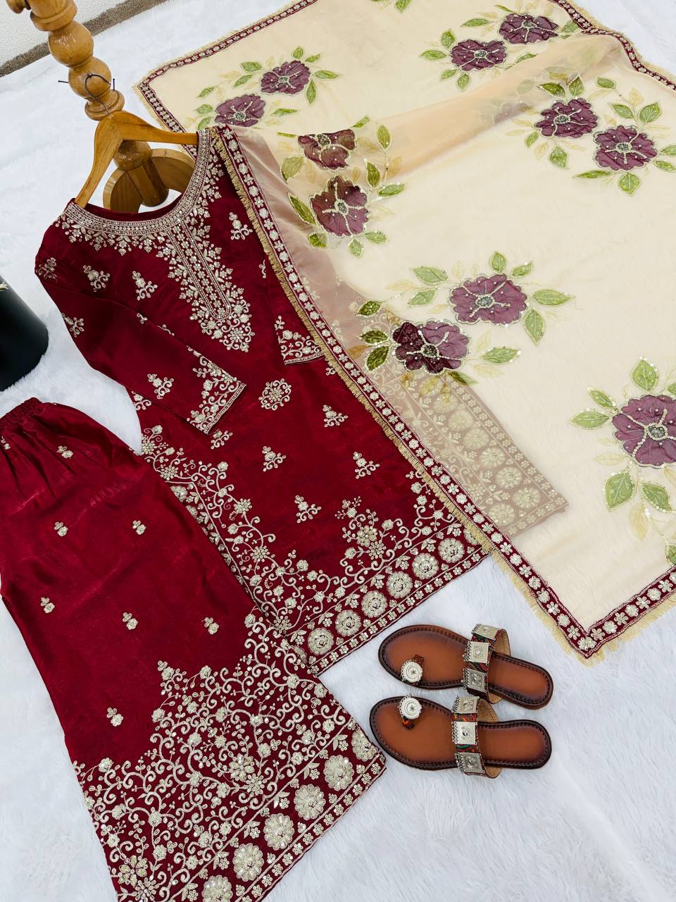 Red pure gmy silk with heavy embroidery sequence work top-palazzo and dupatta set