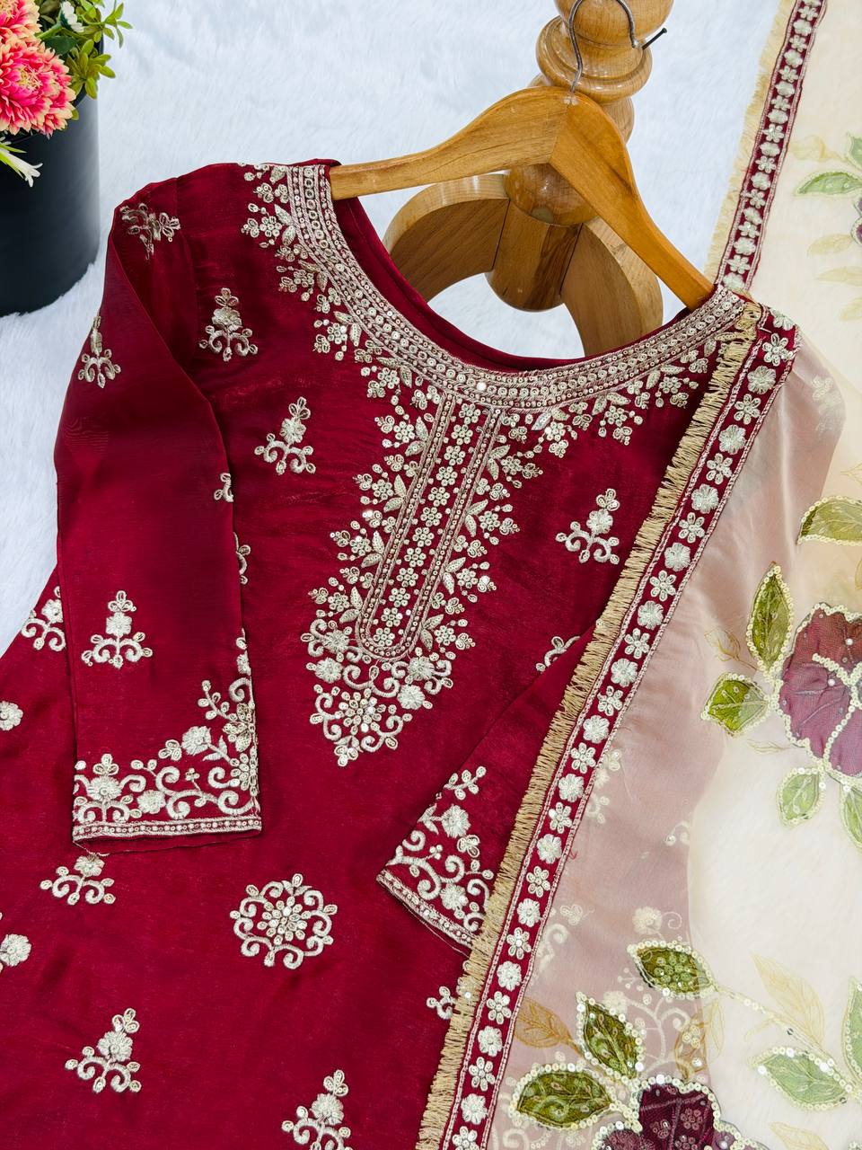 Red pure gmy silk with heavy embroidery sequence work top-palazzo and dupatta set