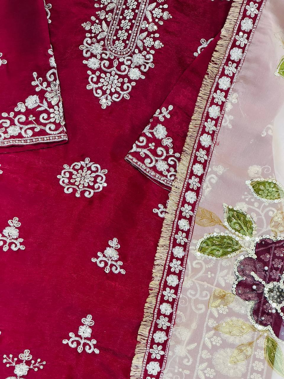 Red pure gmy silk with heavy embroidery sequence work top-palazzo and dupatta set