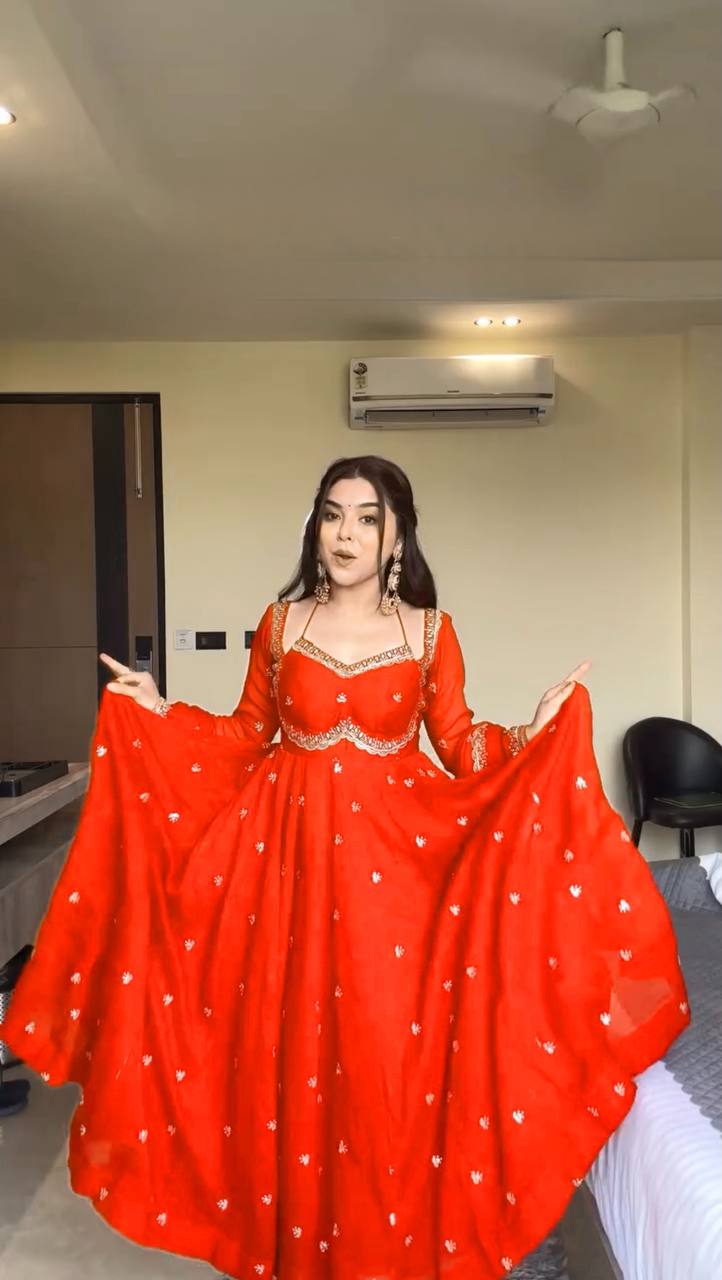 Orange foux georgette Thread with sequence anarkali set