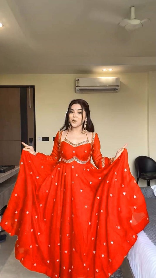 Orange foux georgette Thread with sequence anarkali set