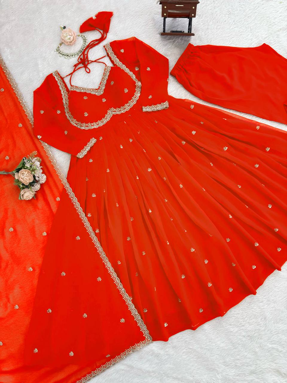 Orange foux georgette Thread with sequence anarkali set