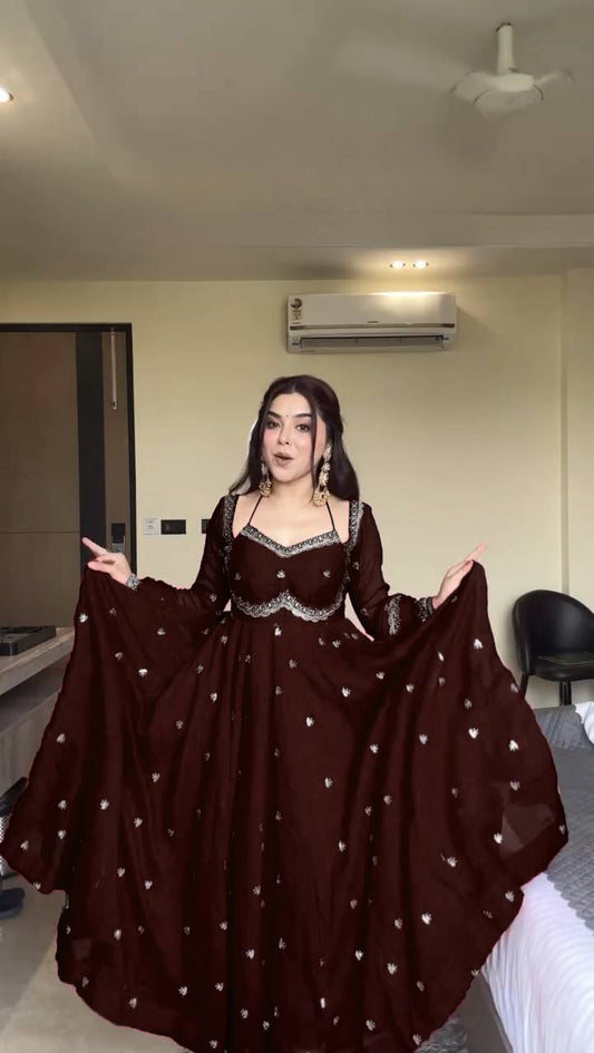 Brown foux georgette Thread with sequence anarkali set