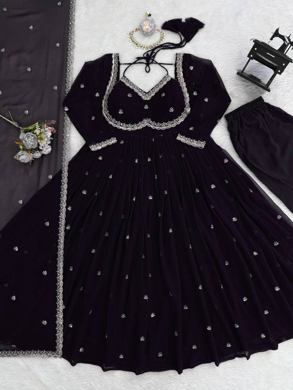Black foux georgette Thread with sequence anarkali set