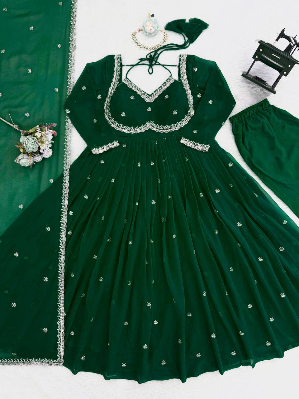 Dark green foux georgette Thread with sequence anarkali set