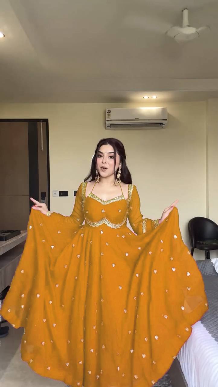 Gold foux georgette Thread with sequence anarkali set