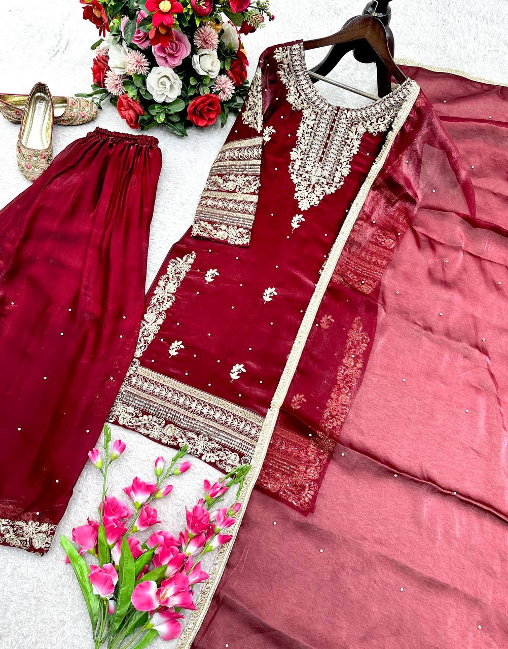 Red gmy silk with heavy embroidery sequence work top palazzo & dupatta set