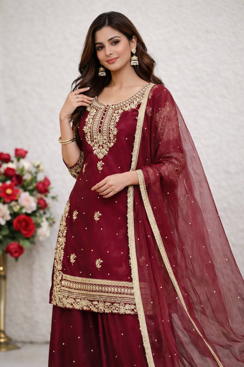 Red gmy silk with heavy embroidery sequence work top palazzo & dupatta set