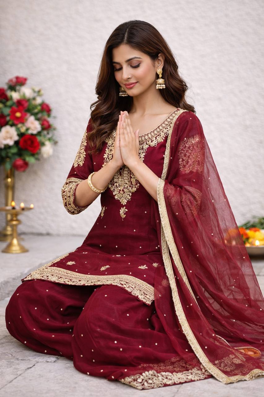 Red gmy silk with heavy embroidery sequence work top palazzo & dupatta set