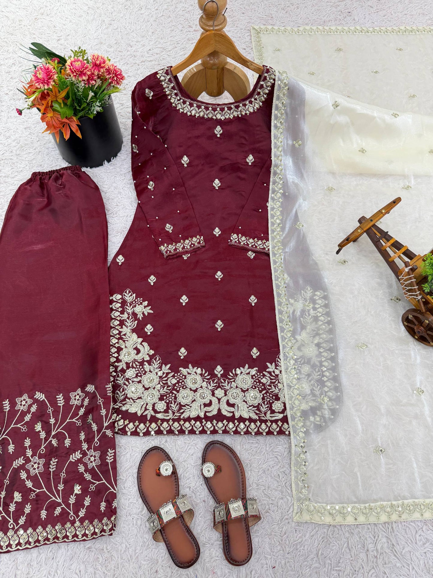 Red gmy silk embroidery sequence work top-palazzo and dupatta