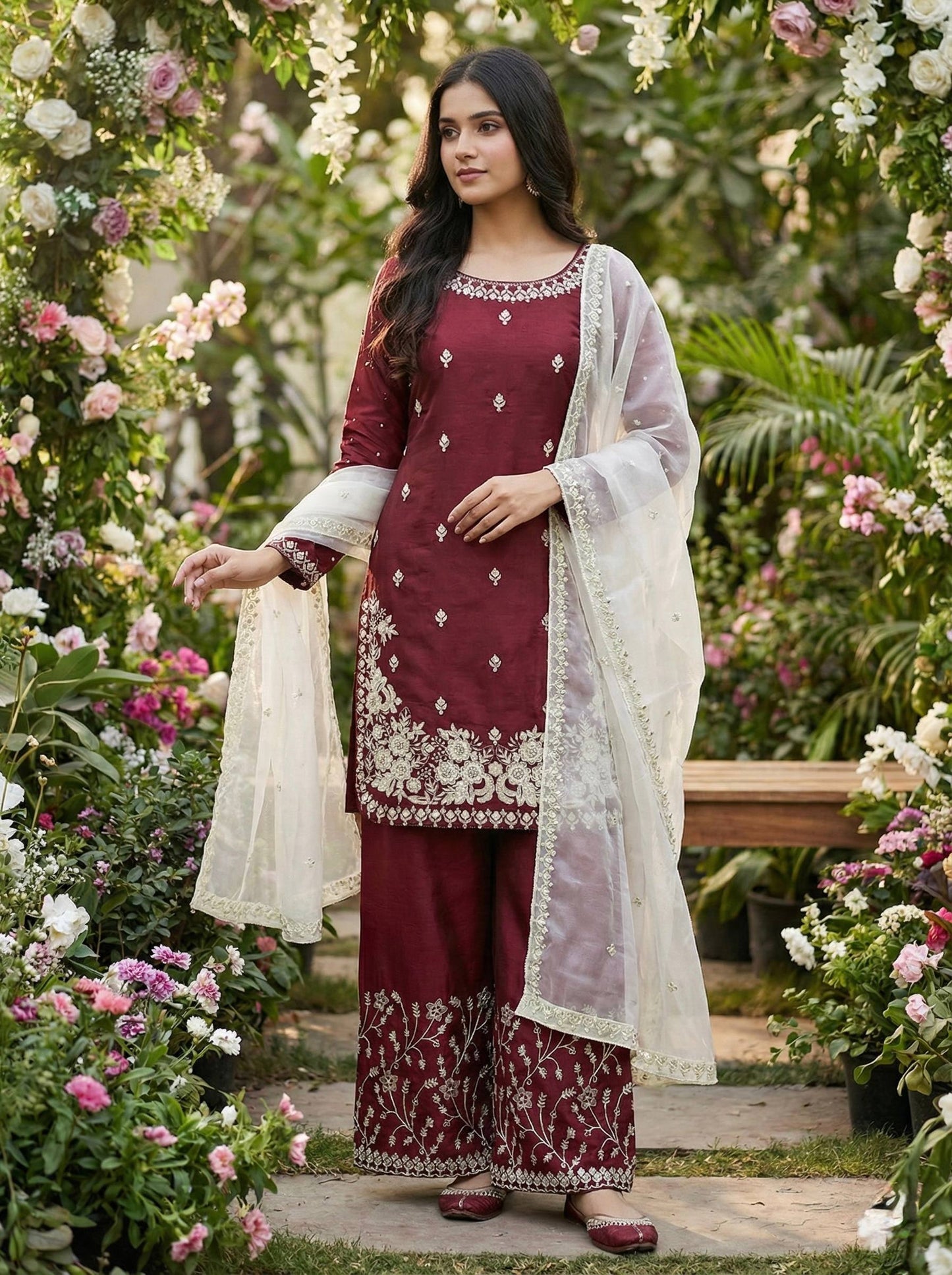 Red gmy silk embroidery sequence work top-palazzo and dupatta