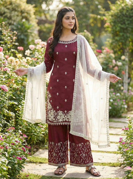 Red gmy silk embroidery sequence work top-palazzo and dupatta