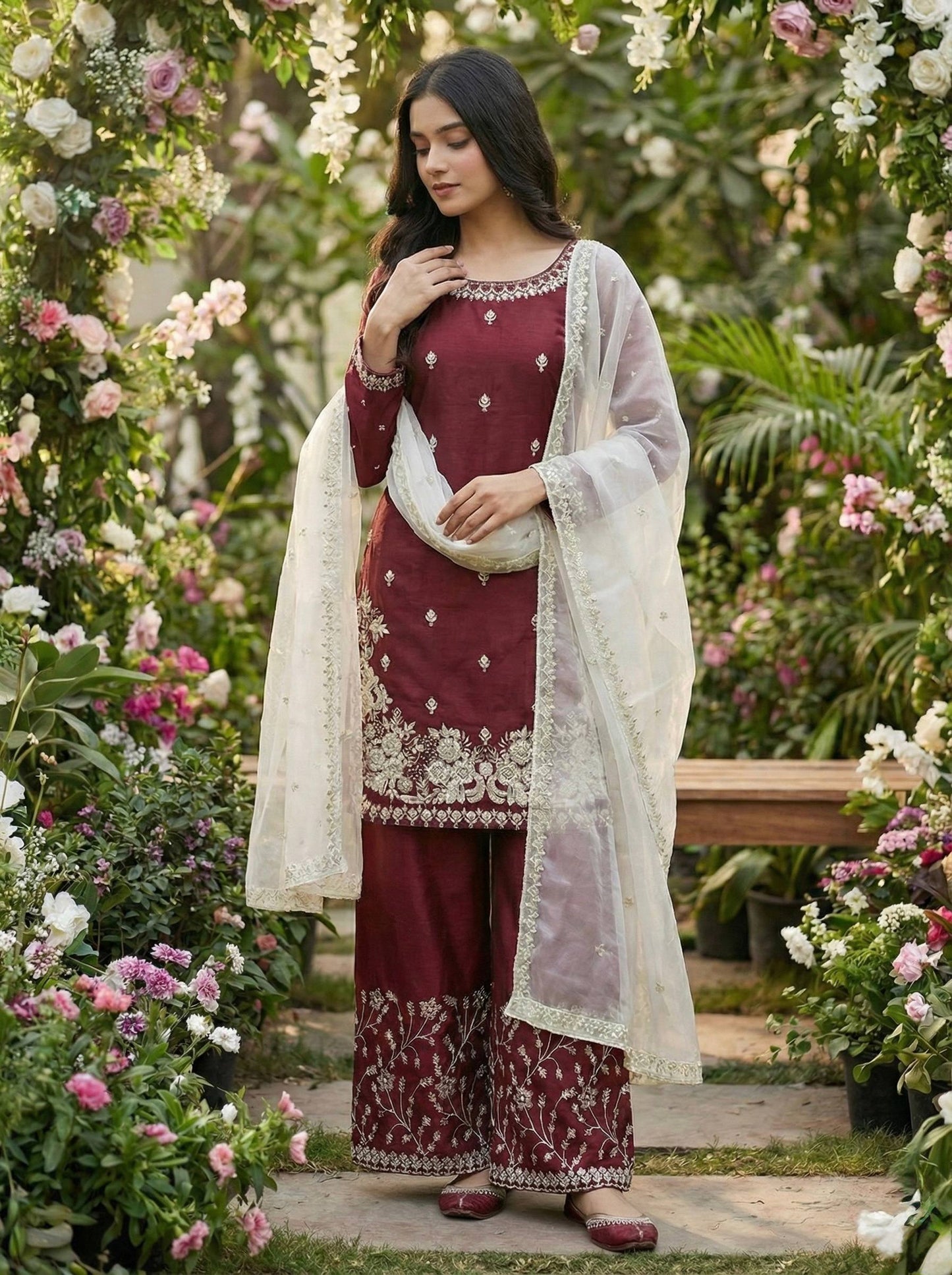 Red gmy silk embroidery sequence work top-palazzo and dupatta