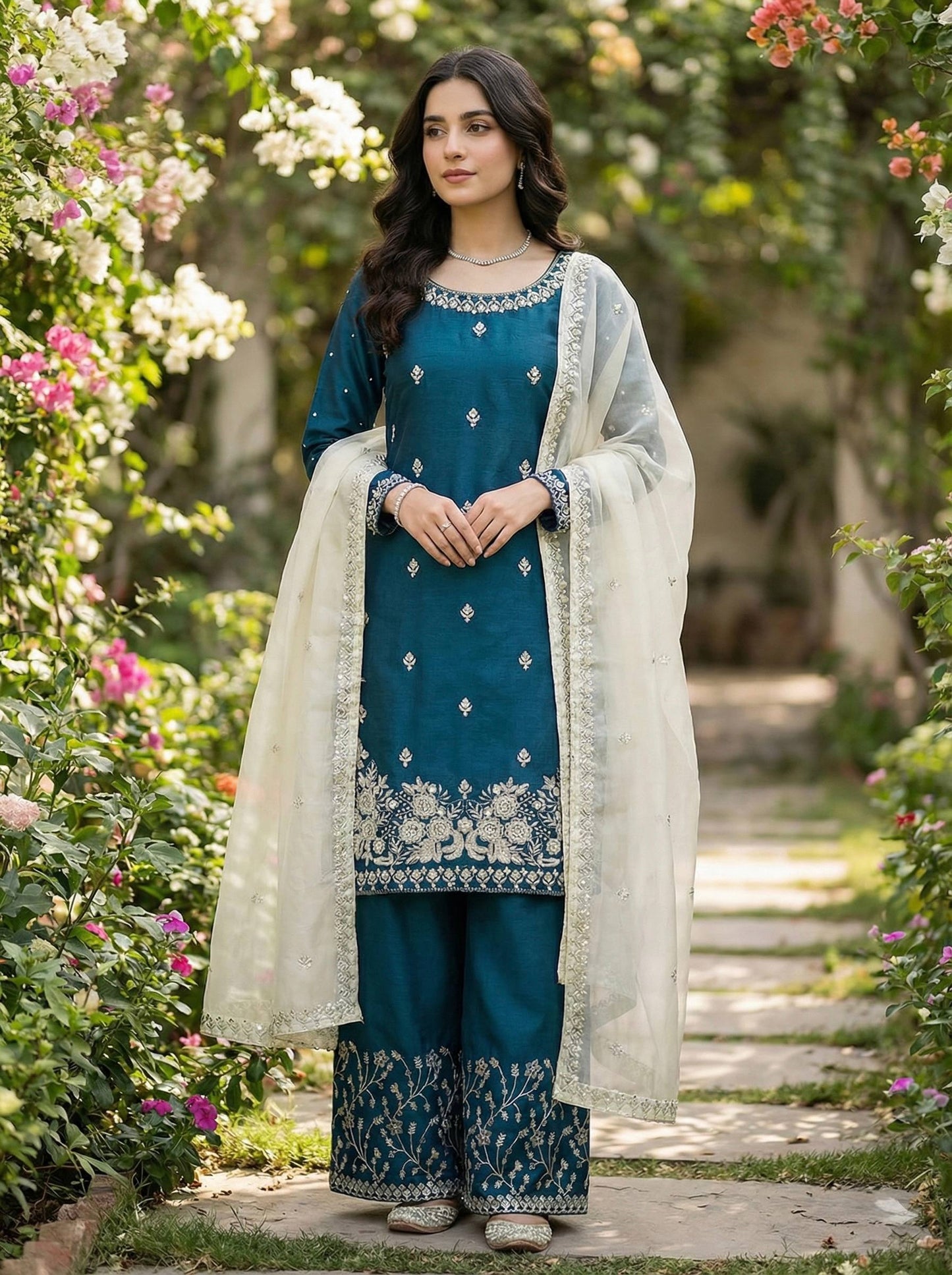 Blue gmy silk embroidery sequence work top-palazzo and dupatta