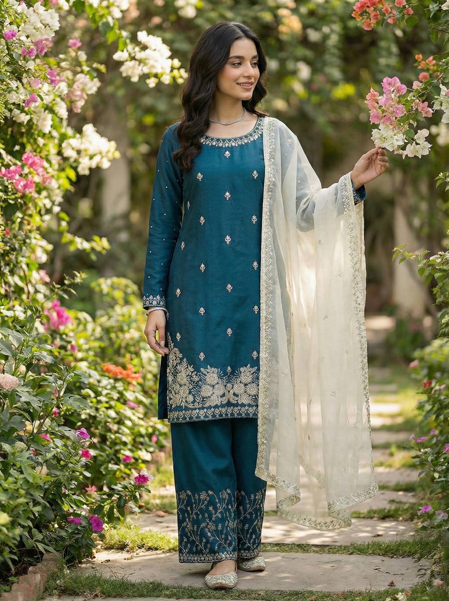 Blue gmy silk embroidery sequence work top-palazzo and dupatta