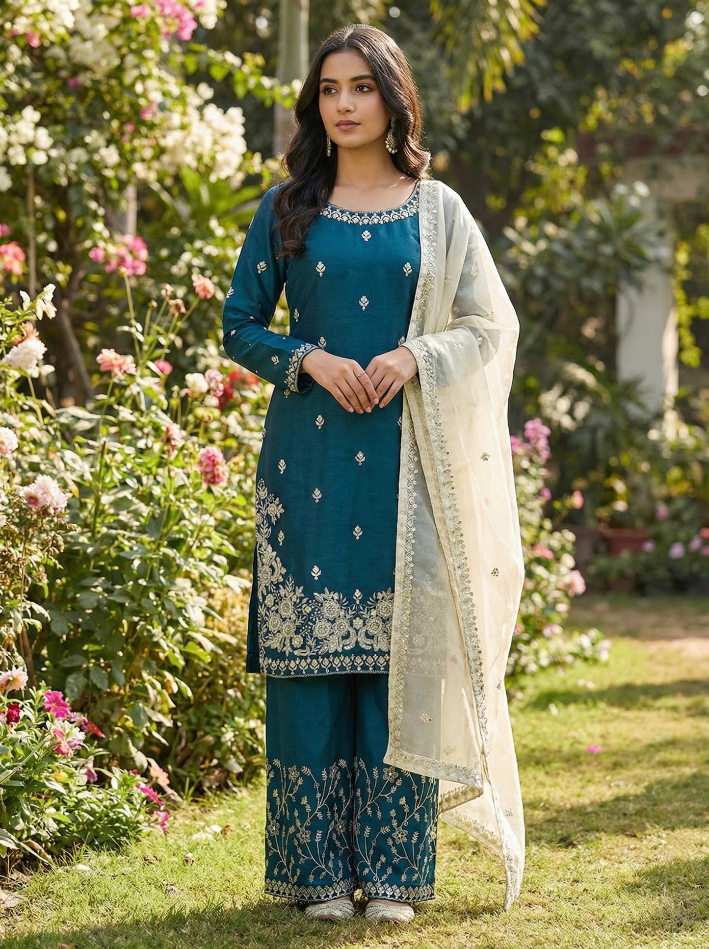 Blue gmy silk embroidery sequence work top-palazzo and dupatta