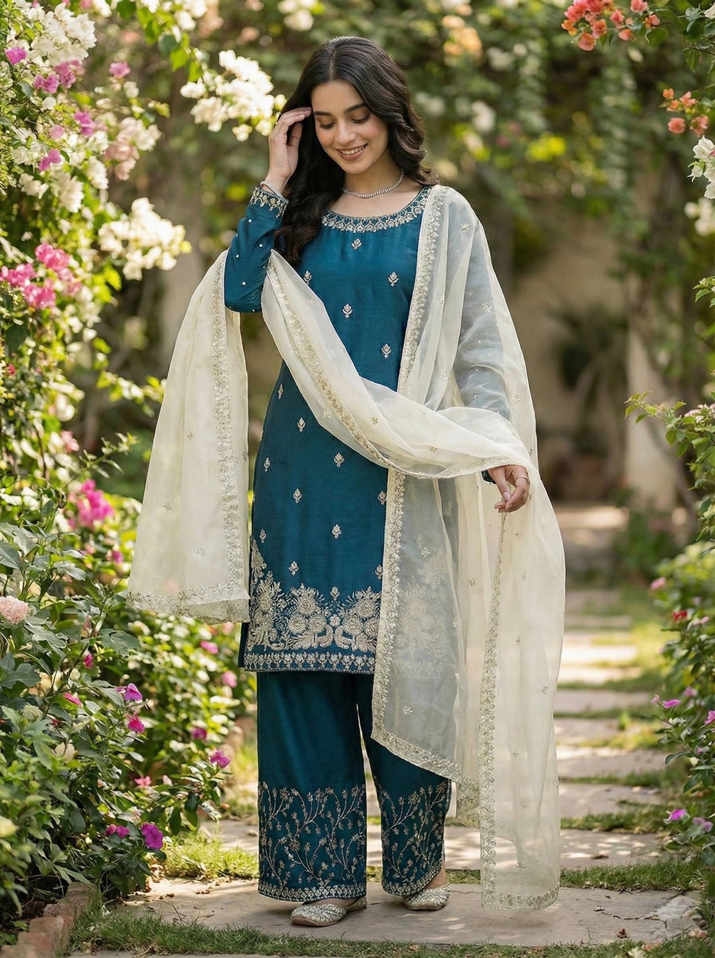 Blue gmy silk embroidery sequence work top-palazzo and dupatta