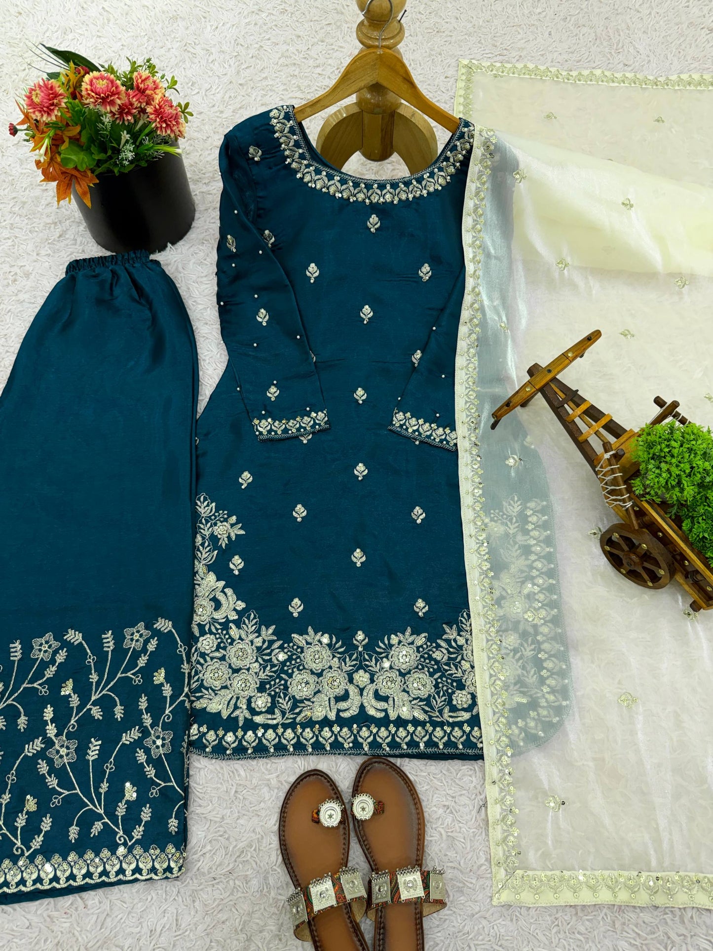 Blue gmy silk embroidery sequence work top-palazzo and dupatta