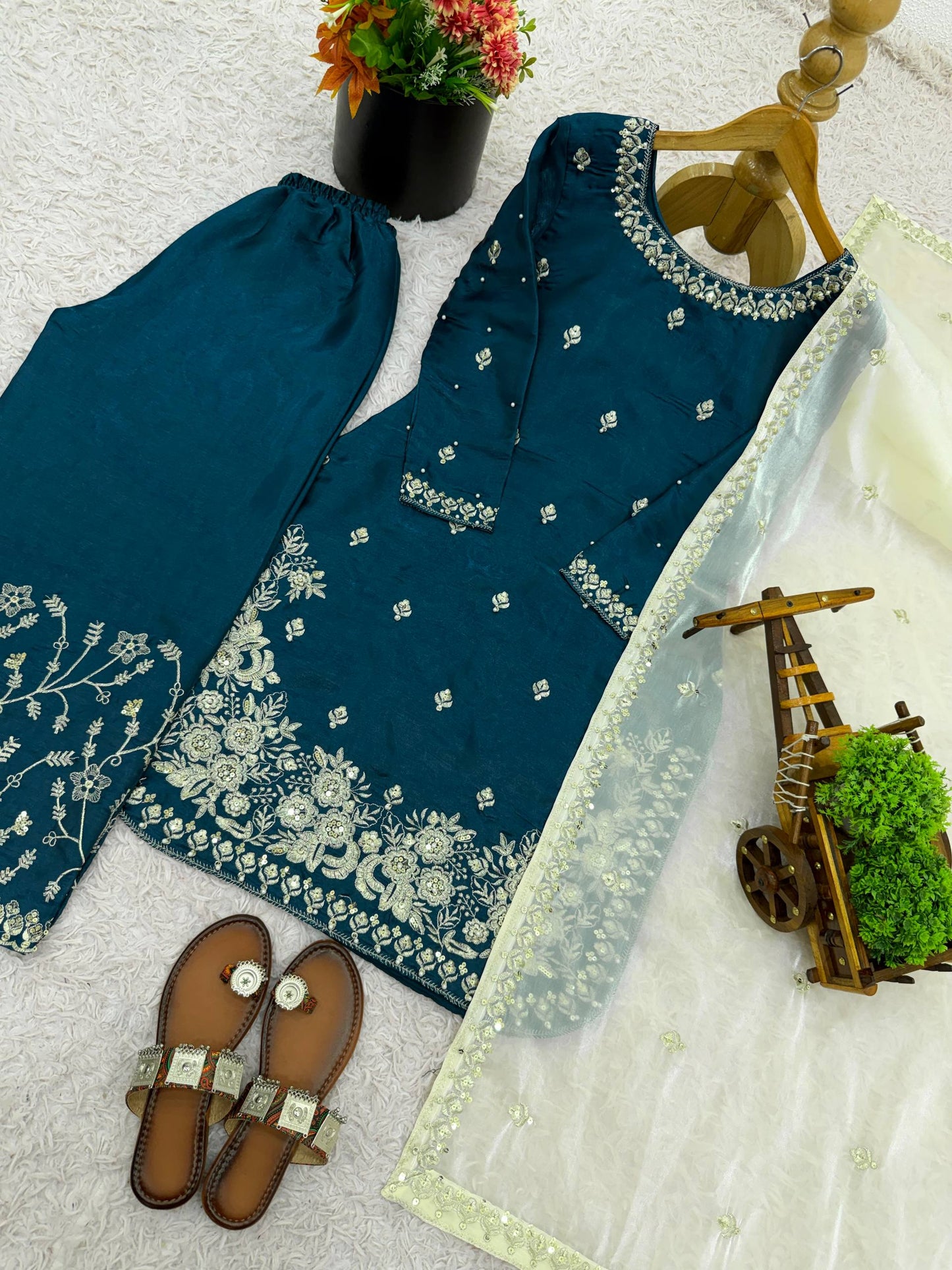 Blue gmy silk embroidery sequence work top-palazzo and dupatta