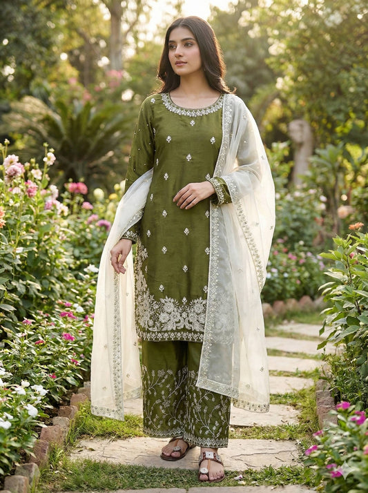 Mehndi gmy silk embroidery sequence work top-palazzo and dupatta