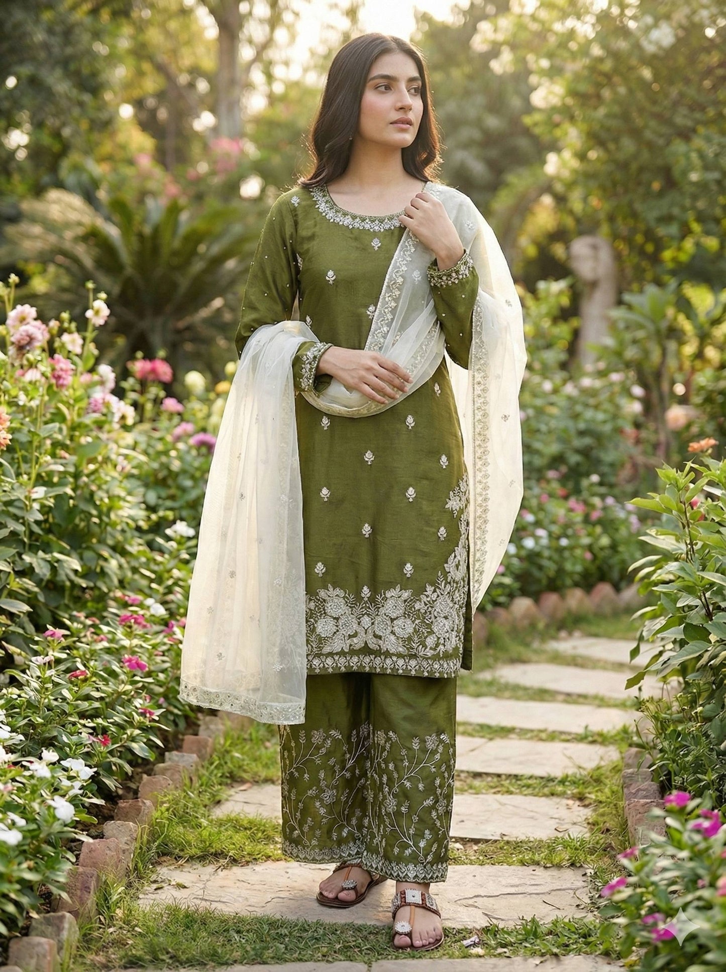 Mehndi gmy silk embroidery sequence work top-palazzo and dupatta
