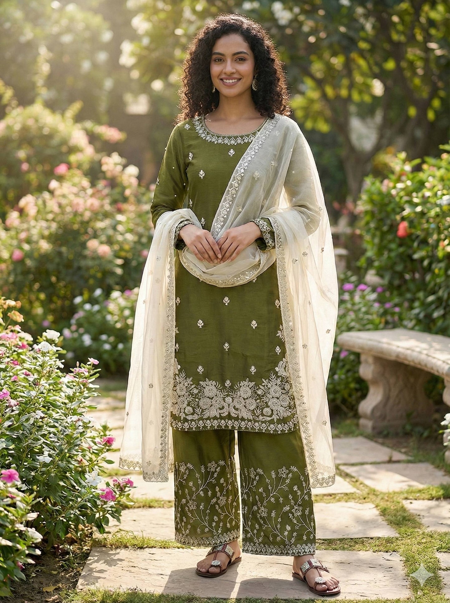 Mehndi gmy silk embroidery sequence work top-palazzo and dupatta