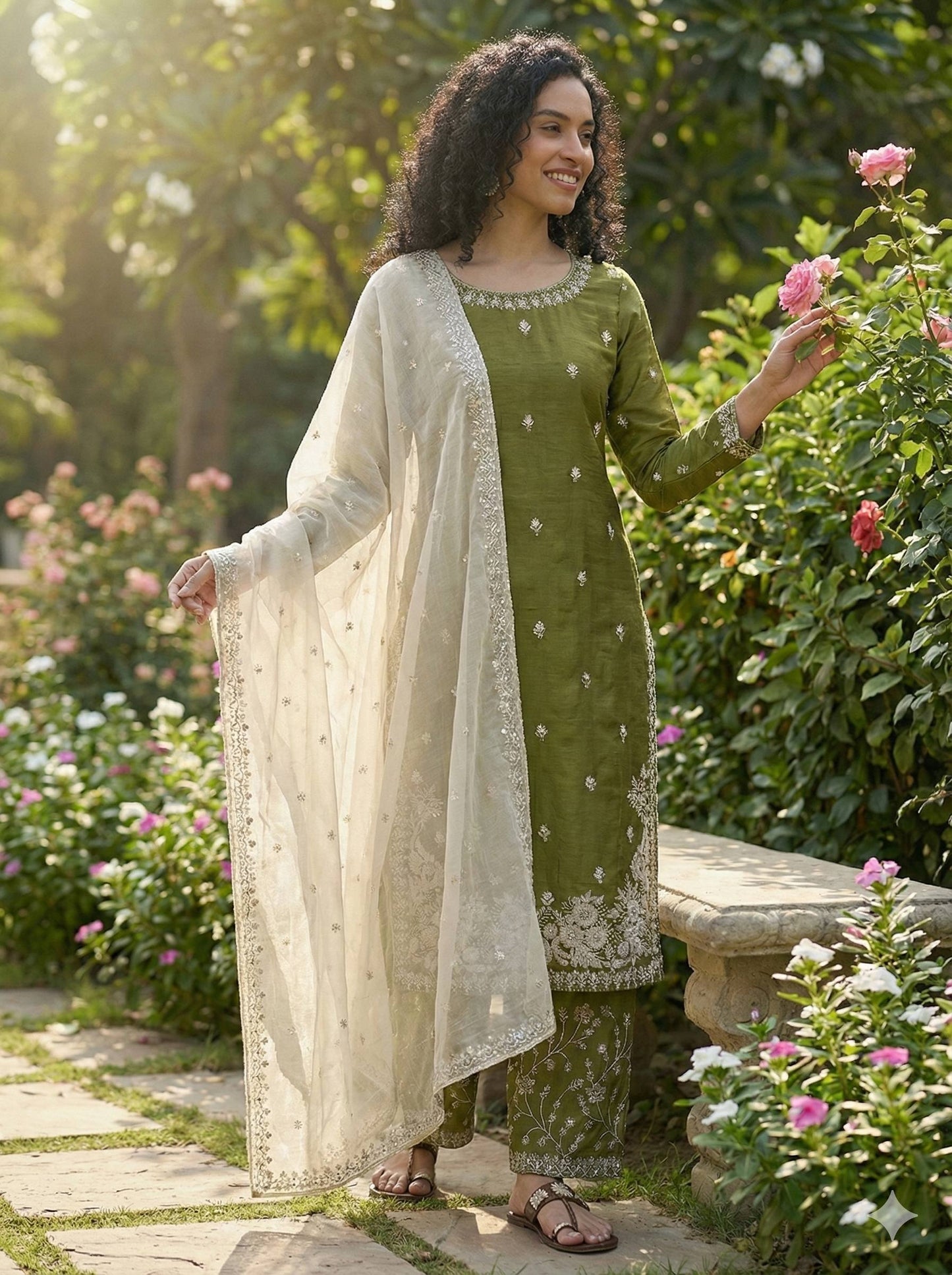 Mehndi gmy silk embroidery sequence work top-palazzo and dupatta