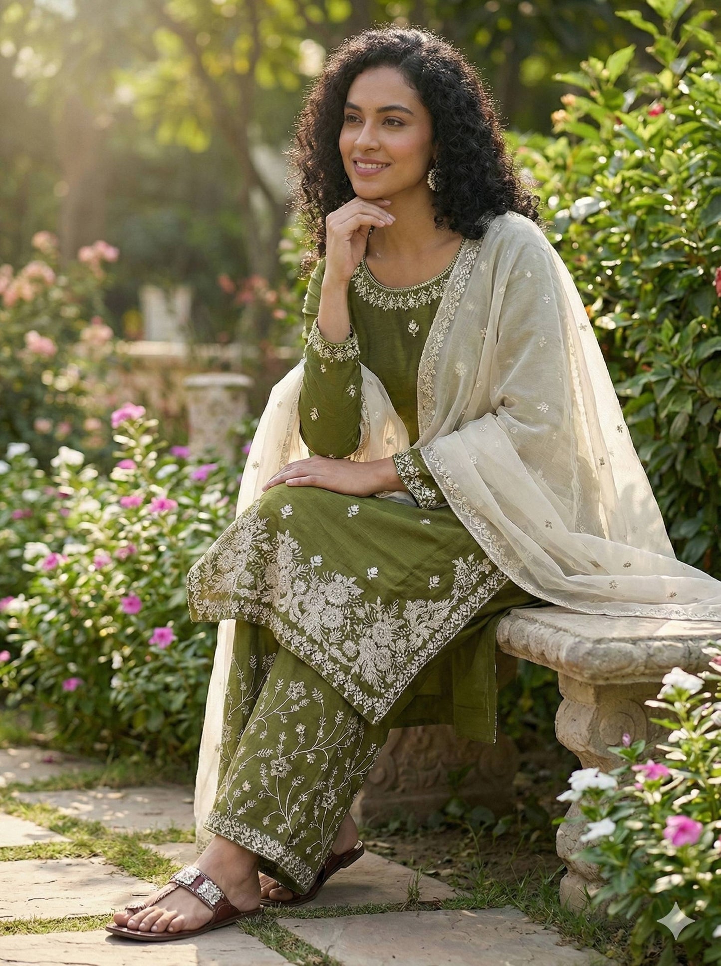 Mehndi gmy silk embroidery sequence work top-palazzo and dupatta
