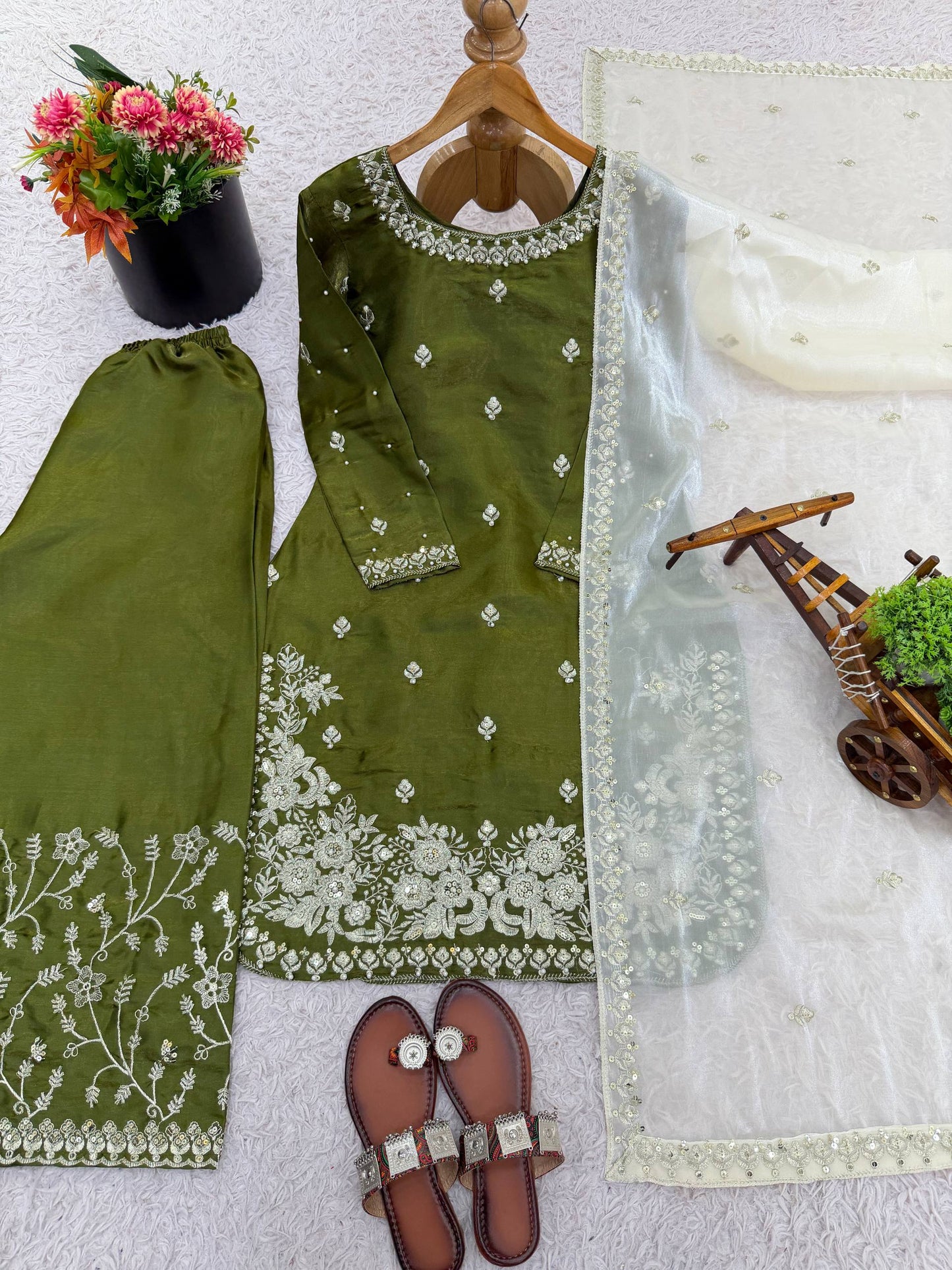 Mehndi gmy silk embroidery sequence work top-palazzo and dupatta