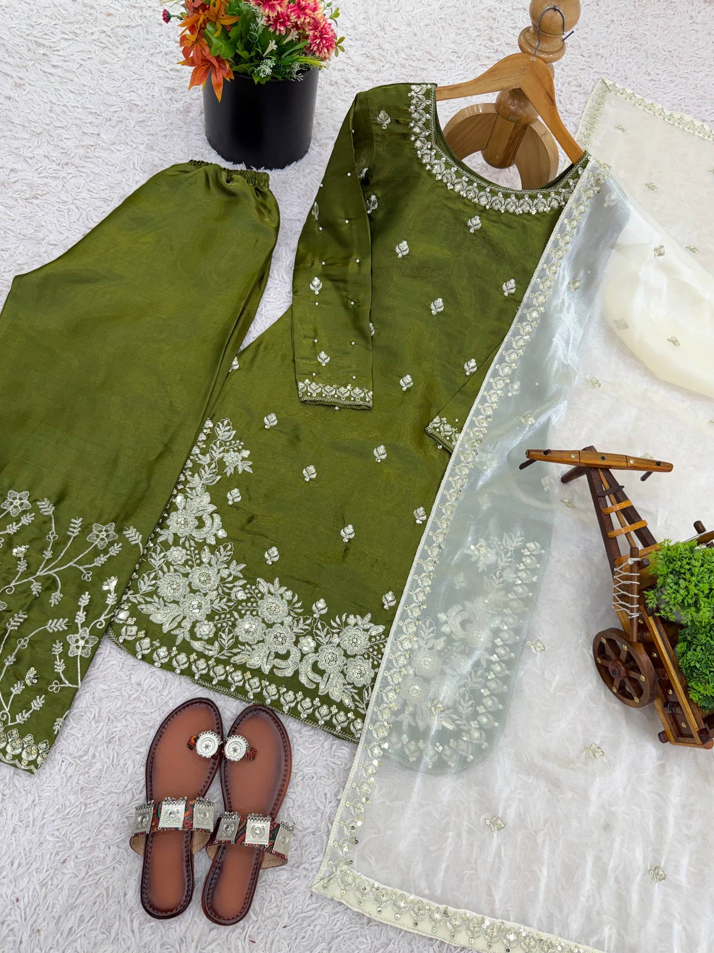 Mehndi gmy silk embroidery sequence work top-palazzo and dupatta